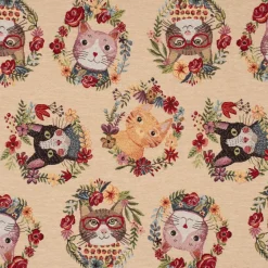 Dekostoff Gobelin Premium Spring Cats Katzen Blumenkranz creme bunt 1,4m Breite