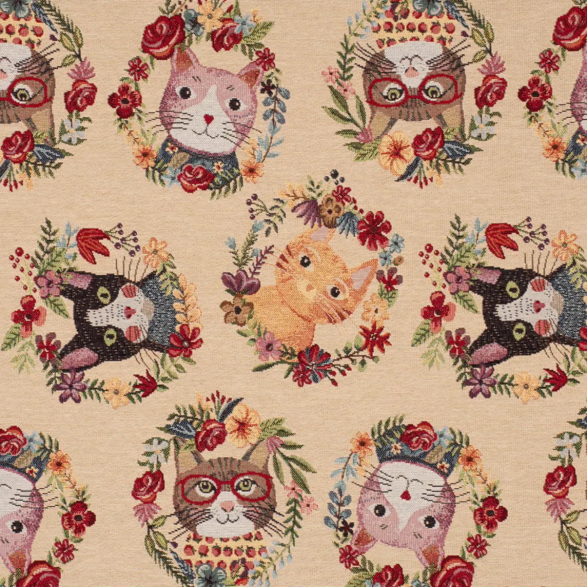 Dekostoff Gobelin Premium Spring Cats Katzen Blumenkranz creme bunt 1,4m Breite