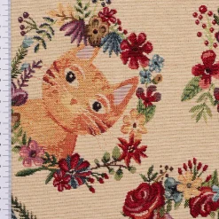 Dekostoff Gobelin Premium Spring Cats Katzen Blumenkranz creme bunt 1,4m Breite