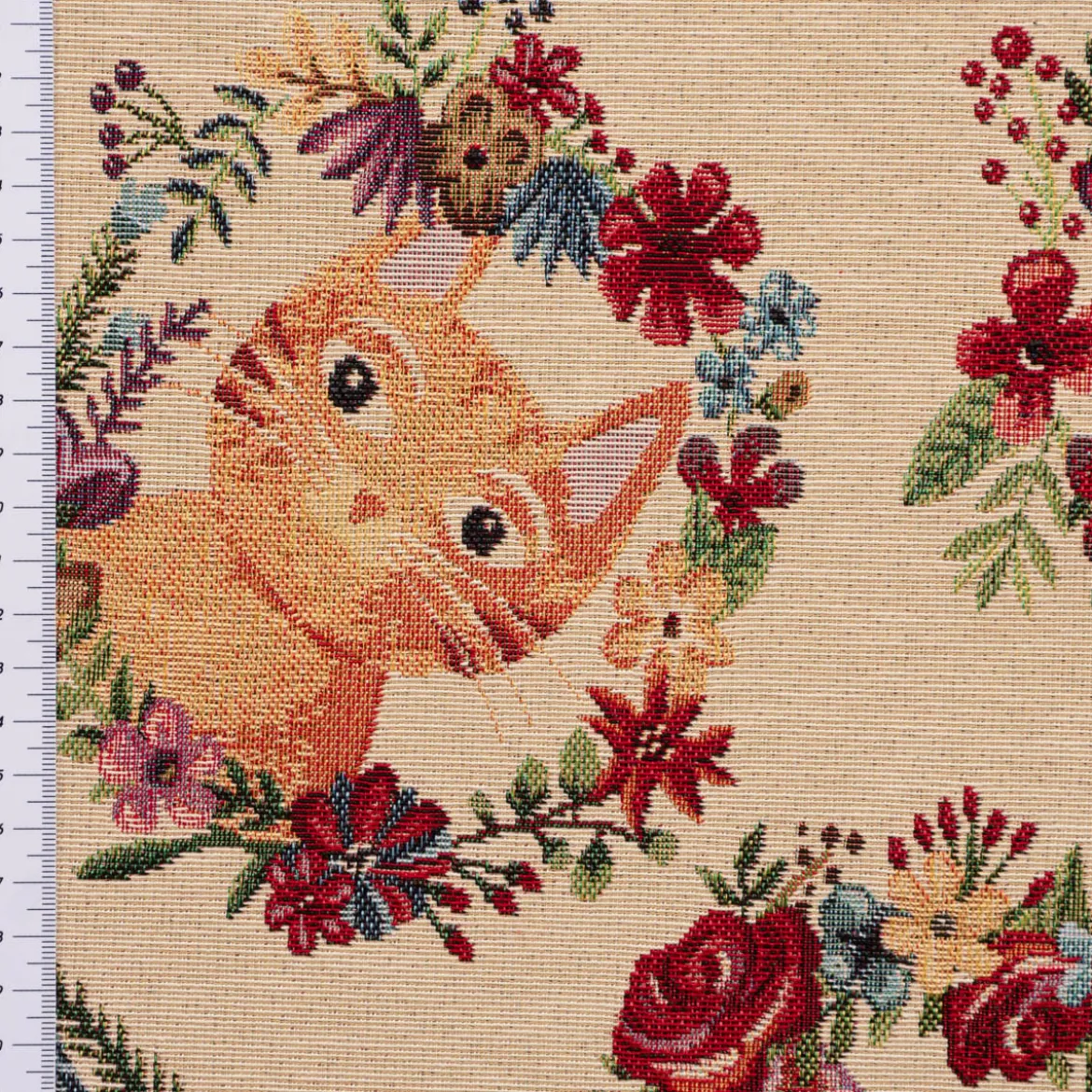 Dekostoff Gobelin Premium Spring Cats Katzen Blumenkranz creme bunt 1,4m Breite