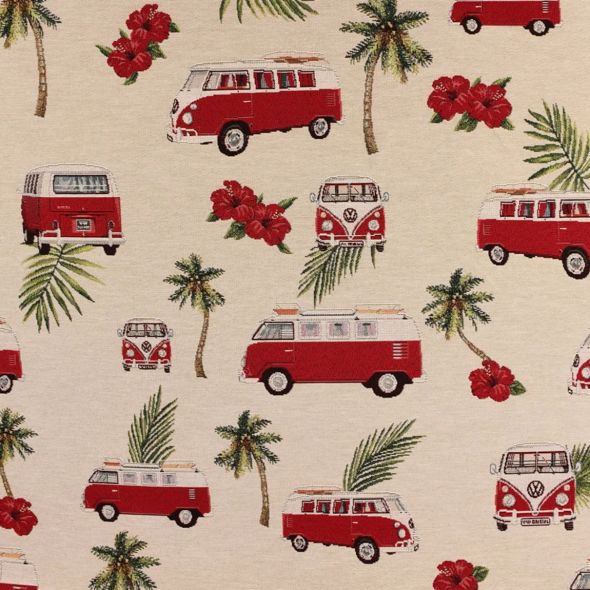Dekostoff Gobelin Premium VW Palm Hawaii VW-Bus Bulli beige rot 1,4m Breite