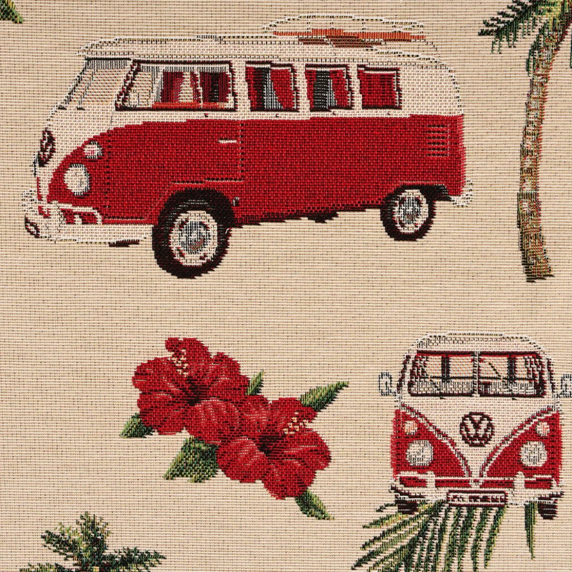 Dekostoff Gobelin Premium VW Palm Hawaii VW-Bus Bulli beige rot 1,4m Breite