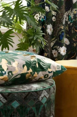 Dekostoff Halbpanama Baumwolle Pfau Blüten petrol 1,40m Breite