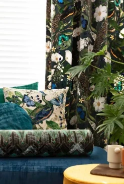 Dekostoff Halbpanama Baumwolle Pfau Blüten petrol 1,40m Breite