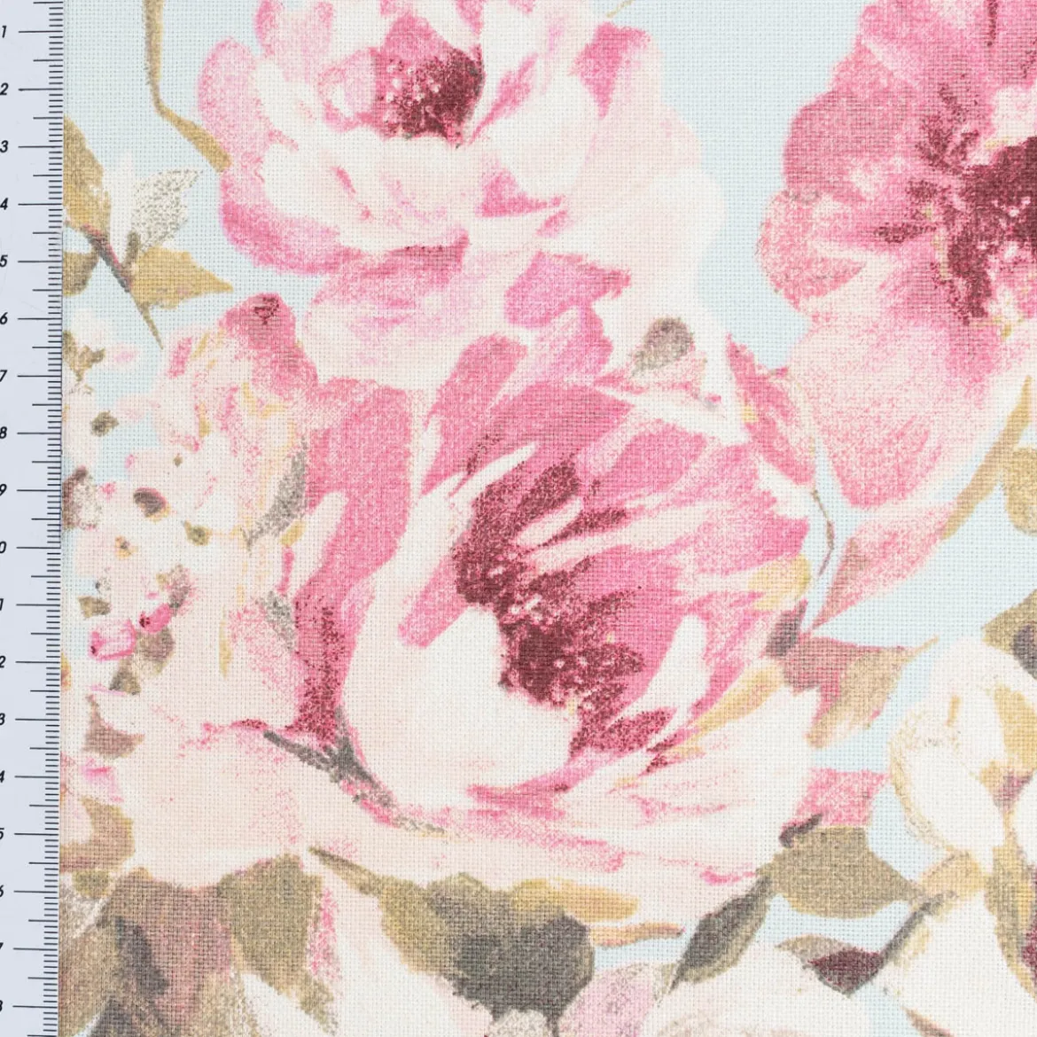 Dekostoff Halbpanama Classic Painted Rose Rosen hellblau rosa 1,40m Breite