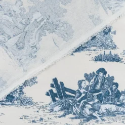 Dekostoff Halbpanama Classic Shepherd Scene Toile de Jouy ecru blau 1,40m Breite