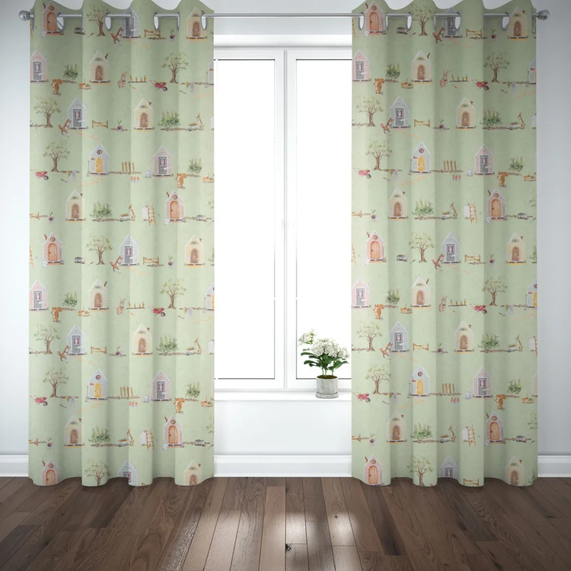 Dekostoff Halbpanama Digitaldruck Waldleben Mr. Rabbit Haus Hase Fuchs grün braun 1,40m Breite