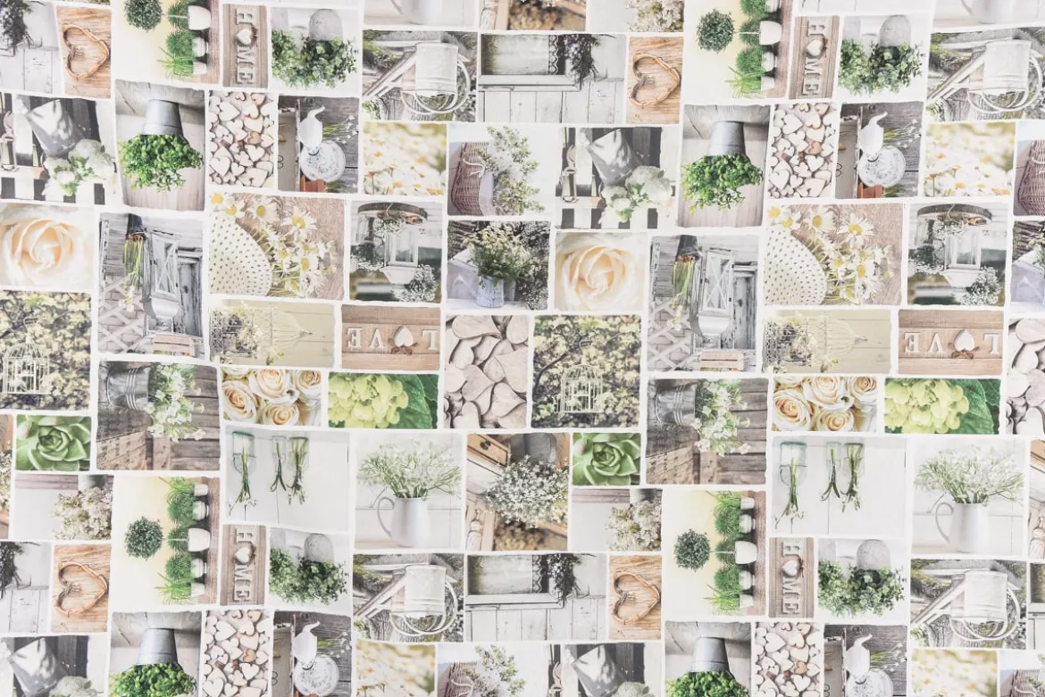Dekostoff Halbpanama Digitaldruck Patchwork Blumen Gräser weiß grün braun 1,40m breit