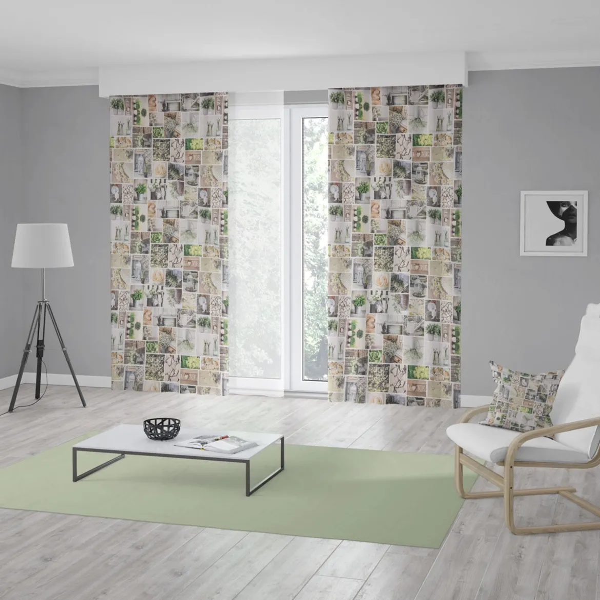 Dekostoff Halbpanama Digitaldruck Patchwork Blumen Gräser weiß grün braun 1,40m breit