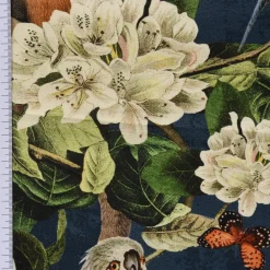 Dekostoff Halbpanama Digitaldruck Affe Vogel Blumen blau grün
