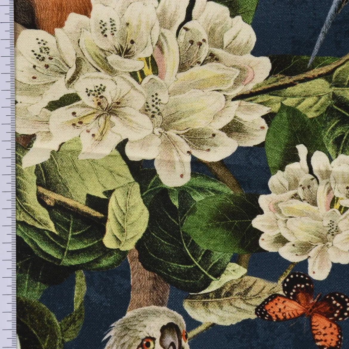 Dekostoff Halbpanama Digitaldruck Affe Vogel Blumen blau grün