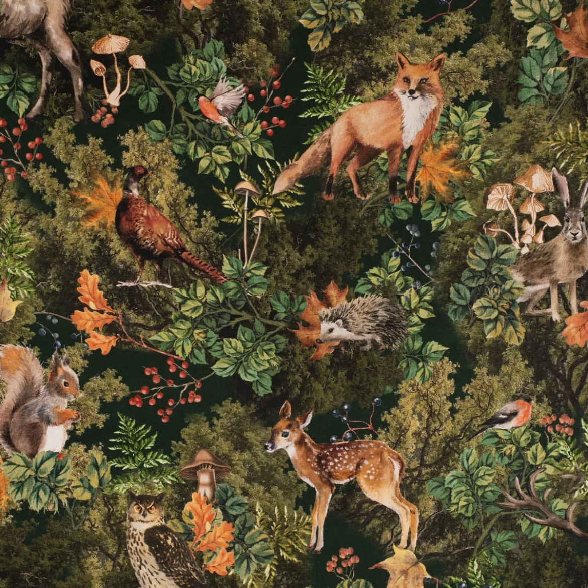 Dekostoff Halbpanama Digitaldruck Woodland Creatures Waldtiere grün 1,40m Breite