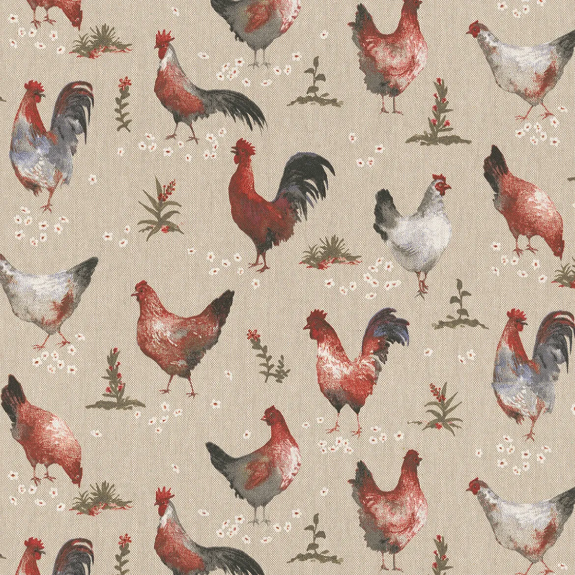 Dekostoff Halbpanama Leinenlook Chicken Farm Hühner natur braun 1,40m Breite