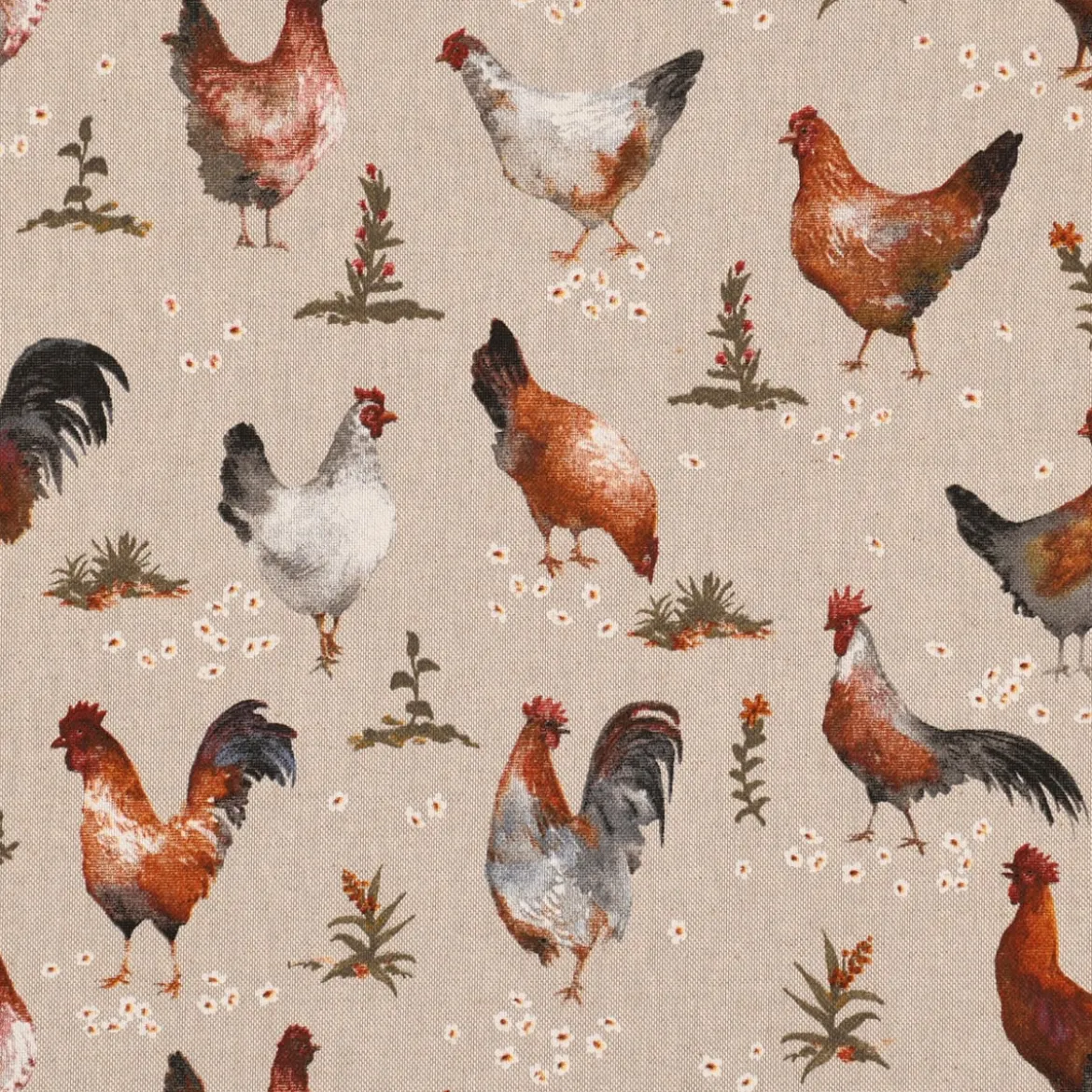 Dekostoff Halbpanama Leinenlook Chicken Farm Hühner natur braun 1,40m Breite