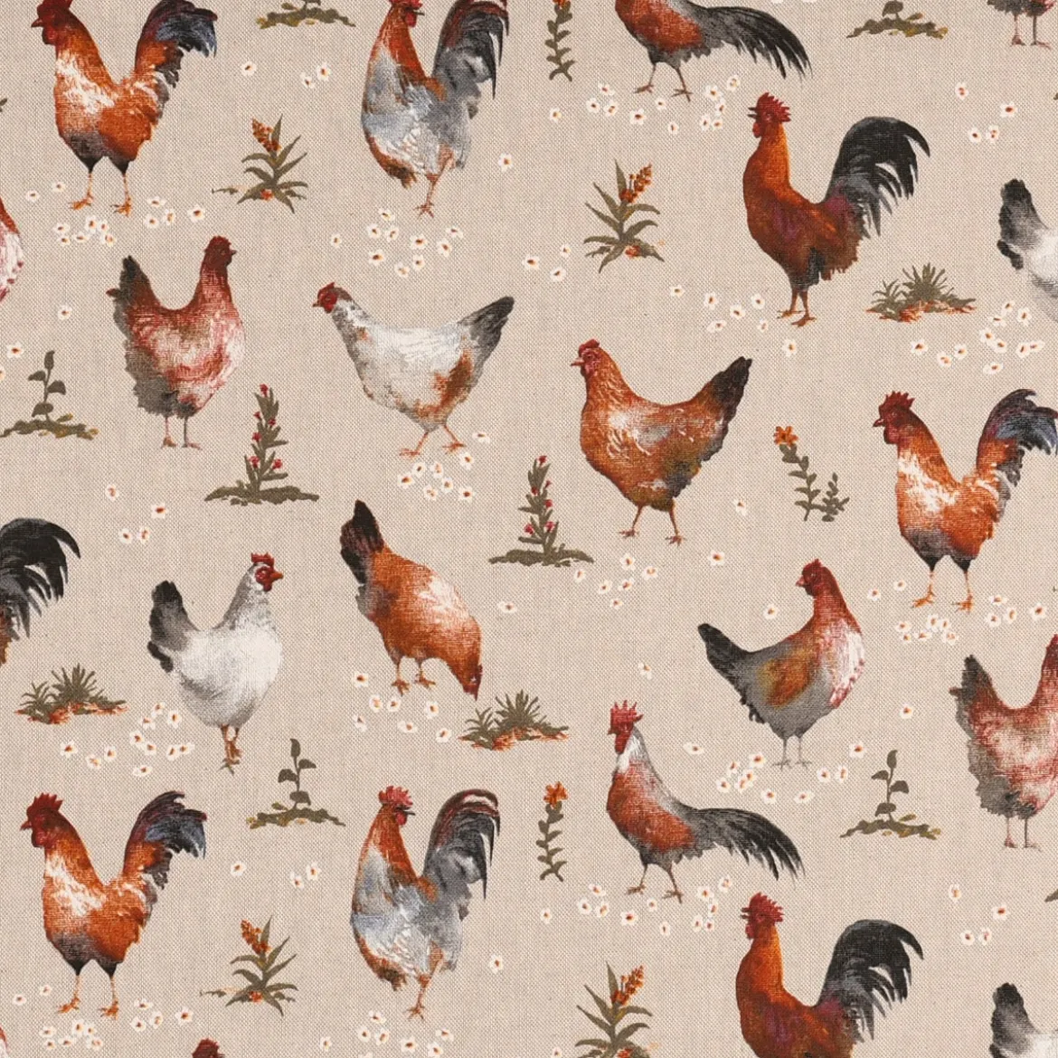 Dekostoff Halbpanama Leinenlook Chicken Farm Hühner natur braun 1,40m Breite