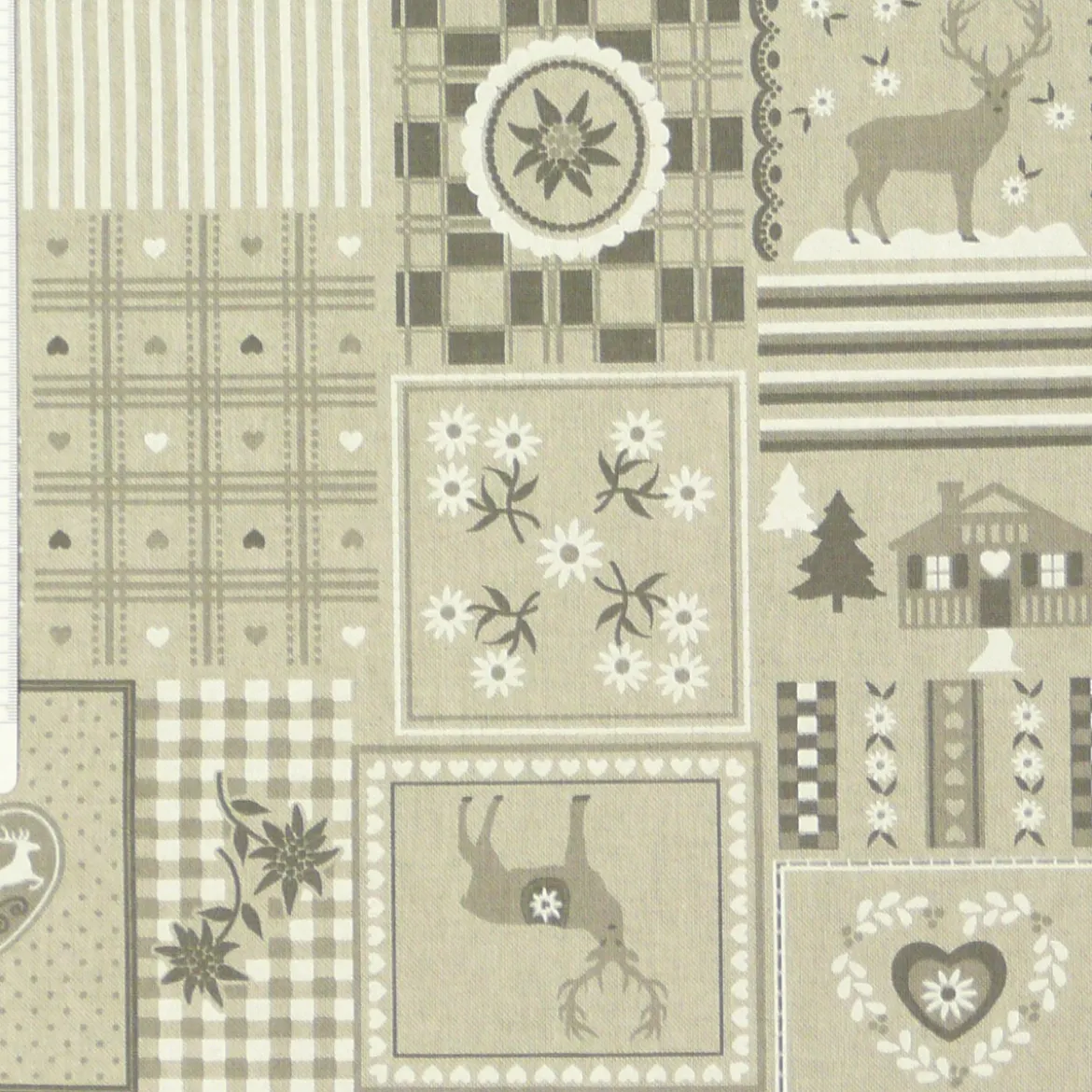 Dekostoff Halbpanama Leinenlook Patchwork Landhaus Hirsch natur weiß grau 1,40m Breite