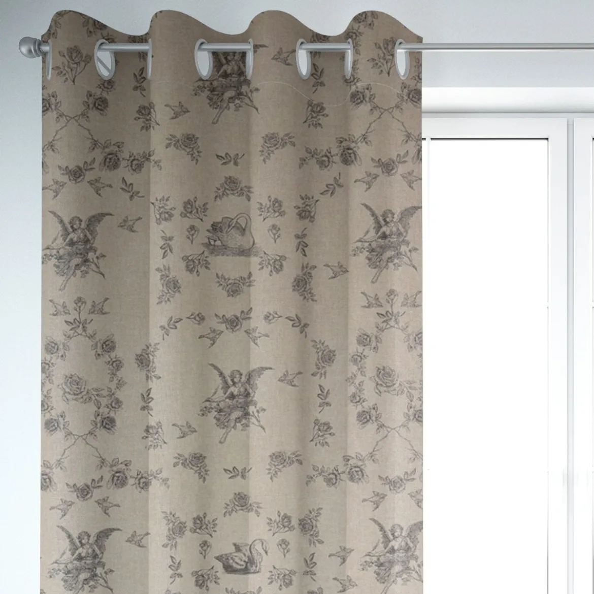 Dekostoff Halbpanama Leinenlook Engel Rosen Vogel natur schwarz 1,40m Breite