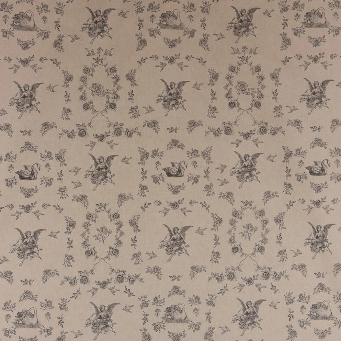 Dekostoff Halbpanama Leinenlook Engel Rosen Vogel natur schwarz 1,40m Breite