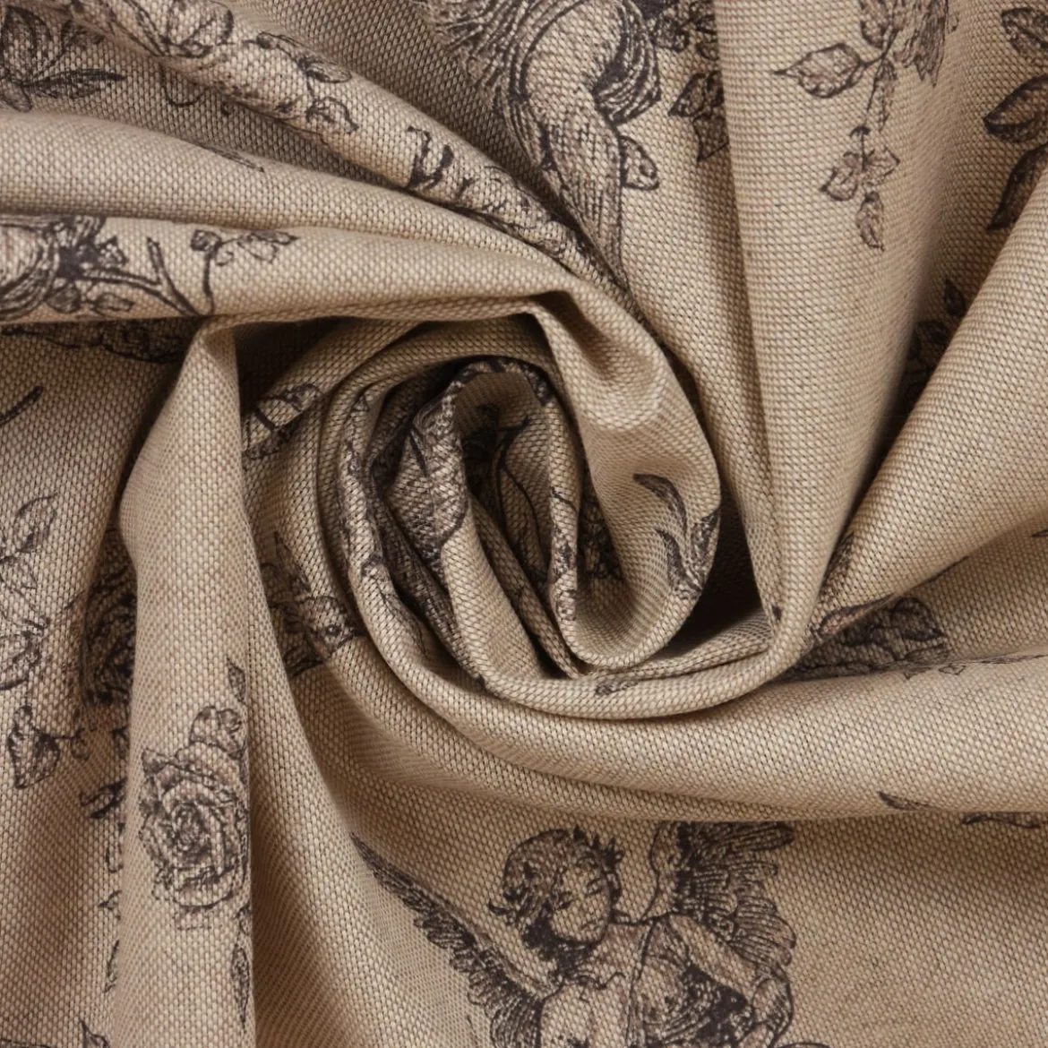 Dekostoff Halbpanama Leinenlook Engel Rosen Vogel natur schwarz 1,40m Breite