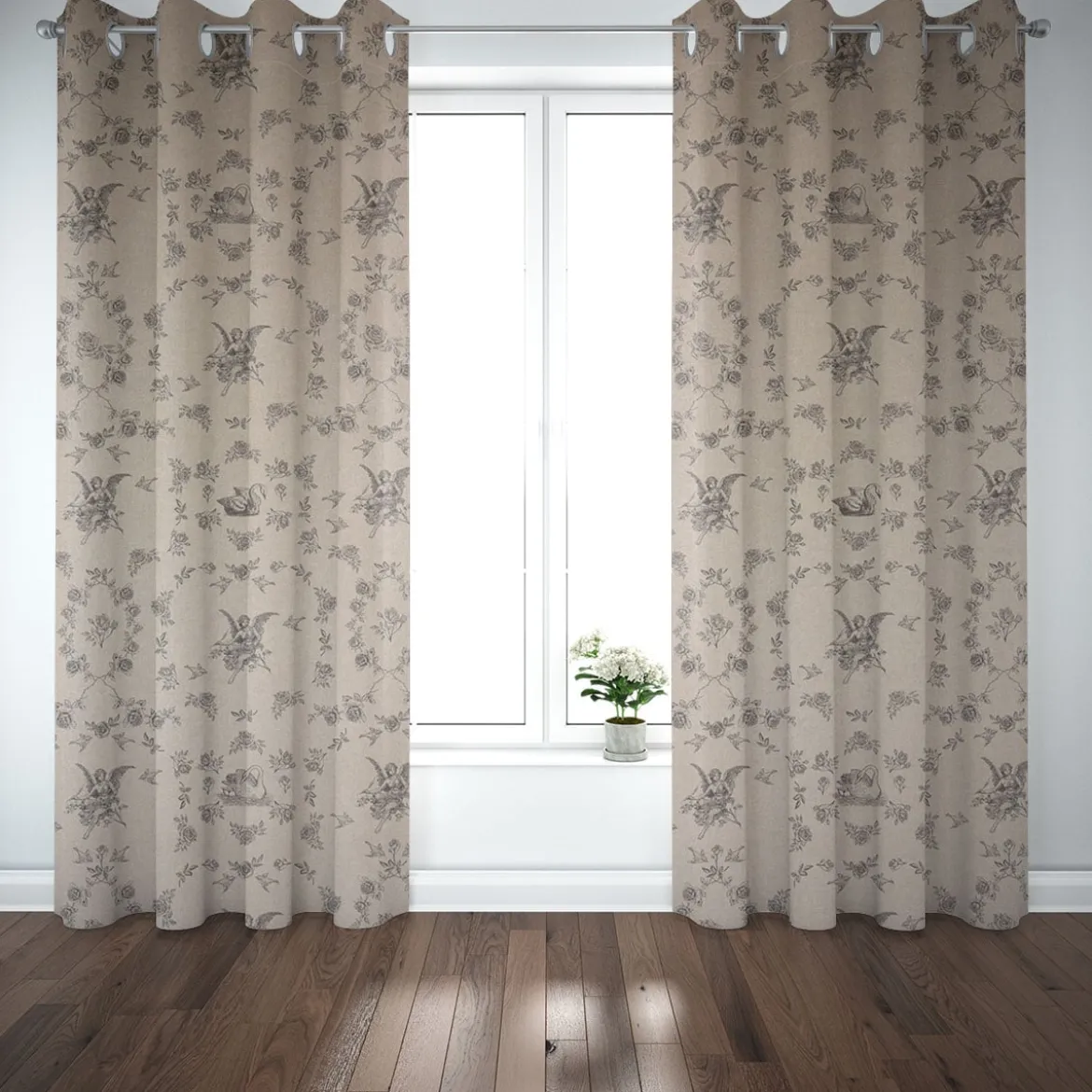 Dekostoff Halbpanama Leinenlook Engel Rosen Vogel natur schwarz 1,40m Breite