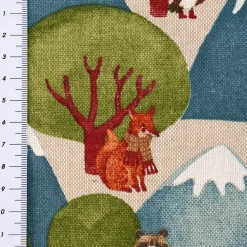 Dekostoff Halbpanama Leinenlook Wald Berge Wintertiere Fuchs Eule Waschbär natur grün blau 1,40m Breite