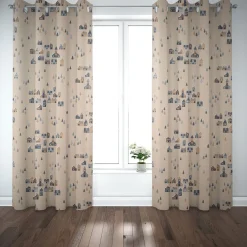 Dekostoff Halbpanama Leinenlook Nordic Town Scandi Häuser Tannen natur blau 1,40m Breite