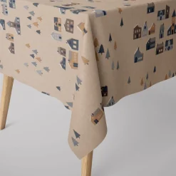 Dekostoff Halbpanama Leinenlook Nordic Town Scandi Häuser Tannen natur blau 1,40m Breite