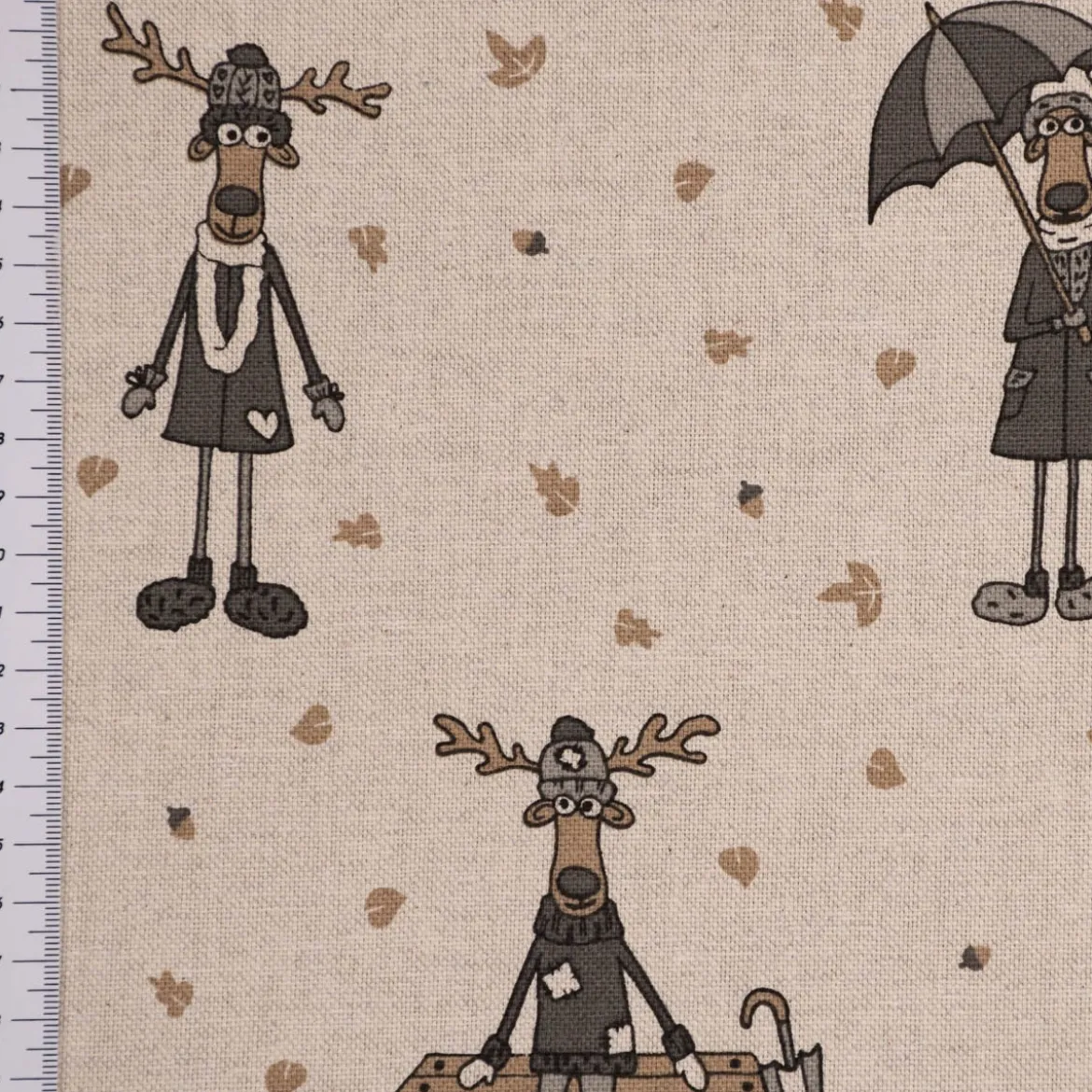 Dekostoff Halbpanama Leinenlook Moose Winter Elche Love natur grau beige 1,40m Breite