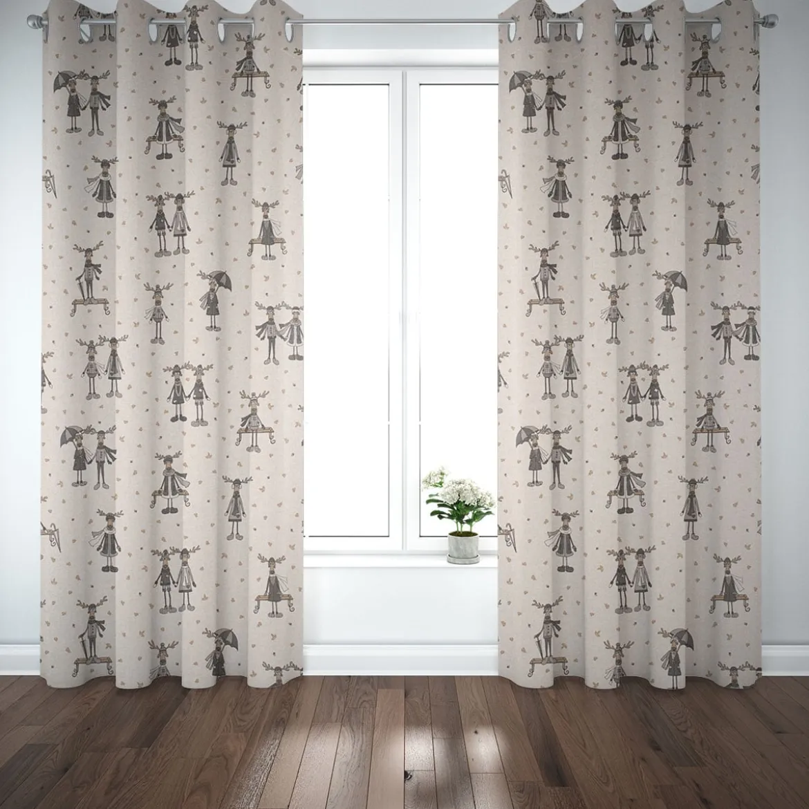 Dekostoff Halbpanama Leinenlook Moose Winter Elche Love natur grau beige 1,40m Breite