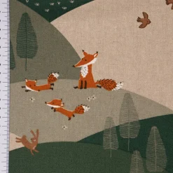 Dekostoff Halbpanama Leinenlook Mountain Forest Animals Tiere Hügel natur grün 1,40m Breite