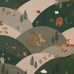 Dekostoff Halbpanama Leinenlook Mountain Forest Animals Tiere Hügel natur grün 1,40m Breite