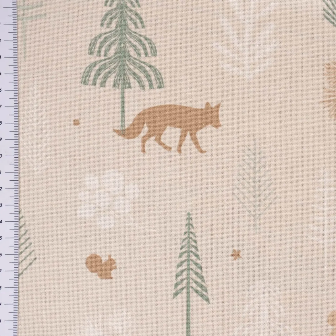 Dekostoff Halbpanama Leinenlook Cold Forest Animals Bäume Waldtiere beige grün weiß 1,40m Breite