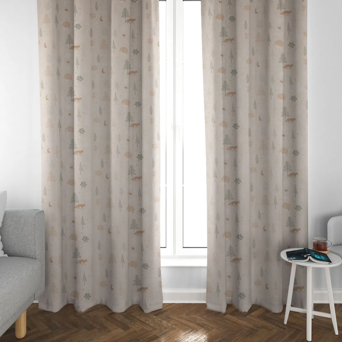 Dekostoff Halbpanama Leinenlook Cold Forest Animals Bäume Waldtiere beige grün weiß 1,40m Breite