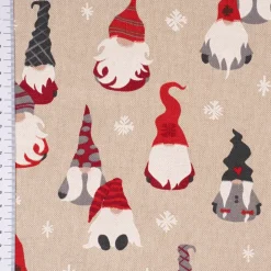 Dekostoff Halbpanama Leinenlook Tomte Cosy Famliy Weihnachtswichtel natur rot weiß grau1,40m Breite