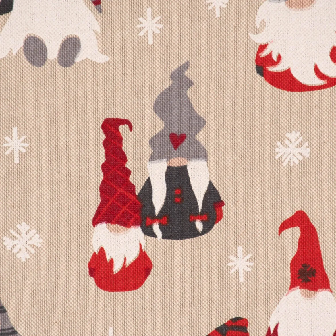 Dekostoff Halbpanama Leinenlook Tomte Cosy Famliy Weihnachtswichtel natur rot weiß grau1,40m Breite
