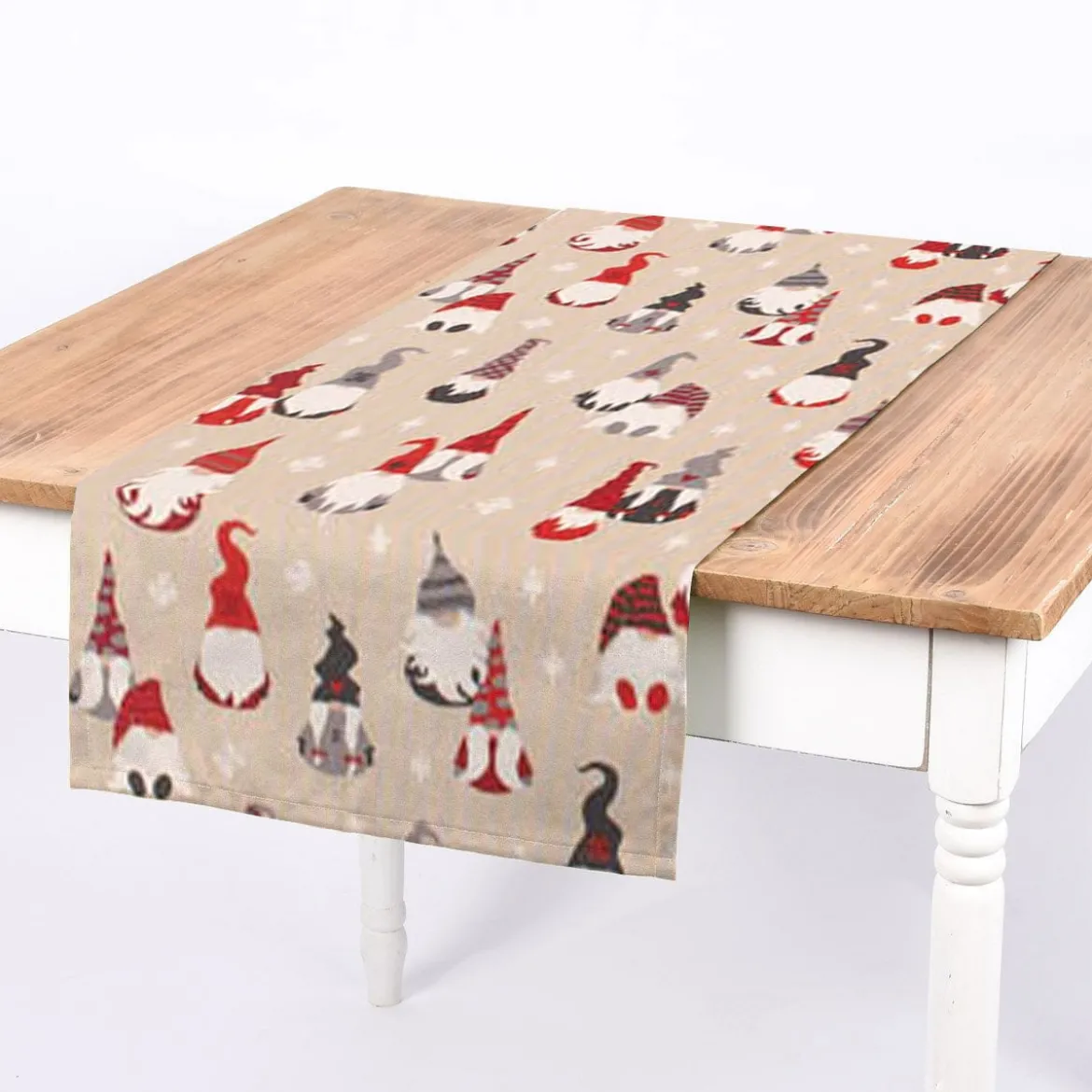 Dekostoff Halbpanama Leinenlook Tomte Cosy Famliy Weihnachtswichtel natur rot weiß grau1,40m Breite