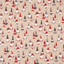 Dekostoff Halbpanama Leinenlook Tomte Cosy Famliy Weihnachtswichtel natur rot weiß grau1,40m Breite