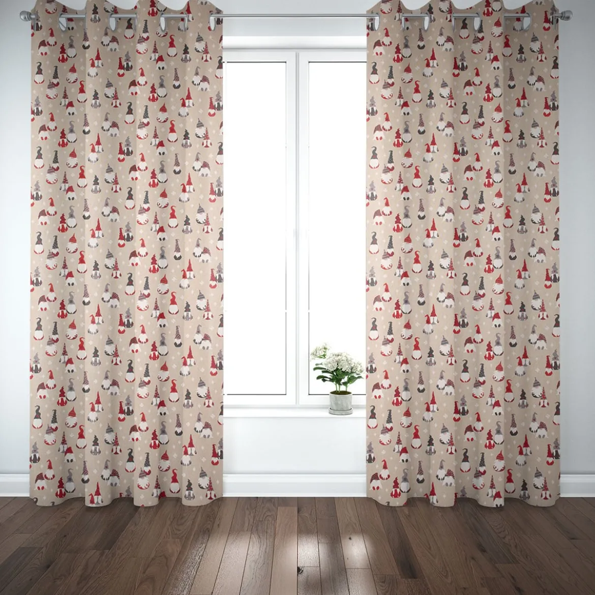 Dekostoff Halbpanama Leinenlook Tomte Cosy Famliy Weihnachtswichtel natur rot weiß grau1,40m Breite