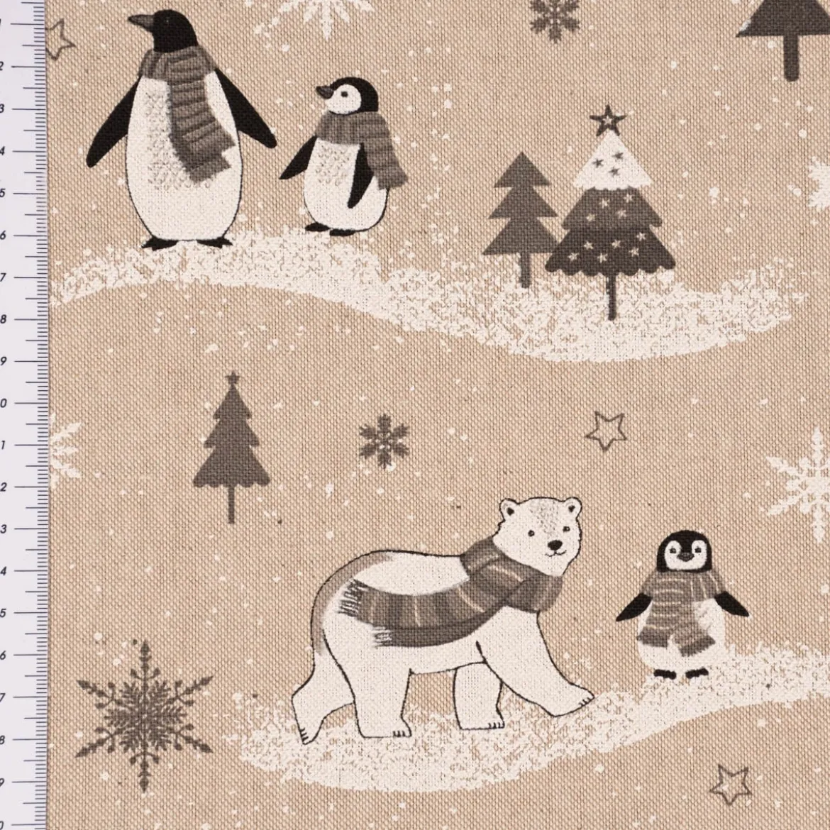 Dekostoff Halbpanama Leinenlook Frozen Polar World Pinguine Eisbären natur grau weiß 1,40m Breite