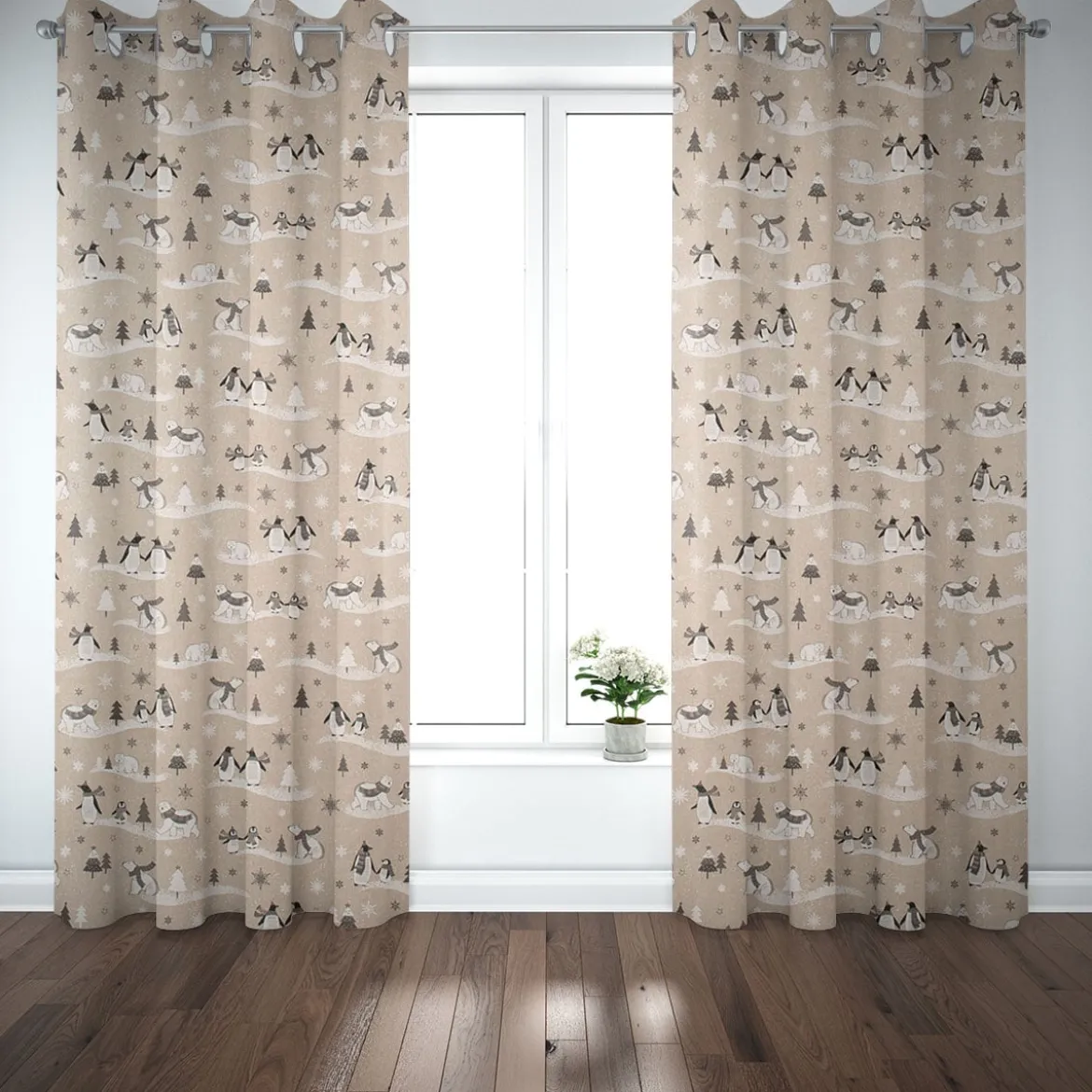 Dekostoff Halbpanama Leinenlook Frozen Polar World Pinguine Eisbären natur grau weiß 1,40m Breite