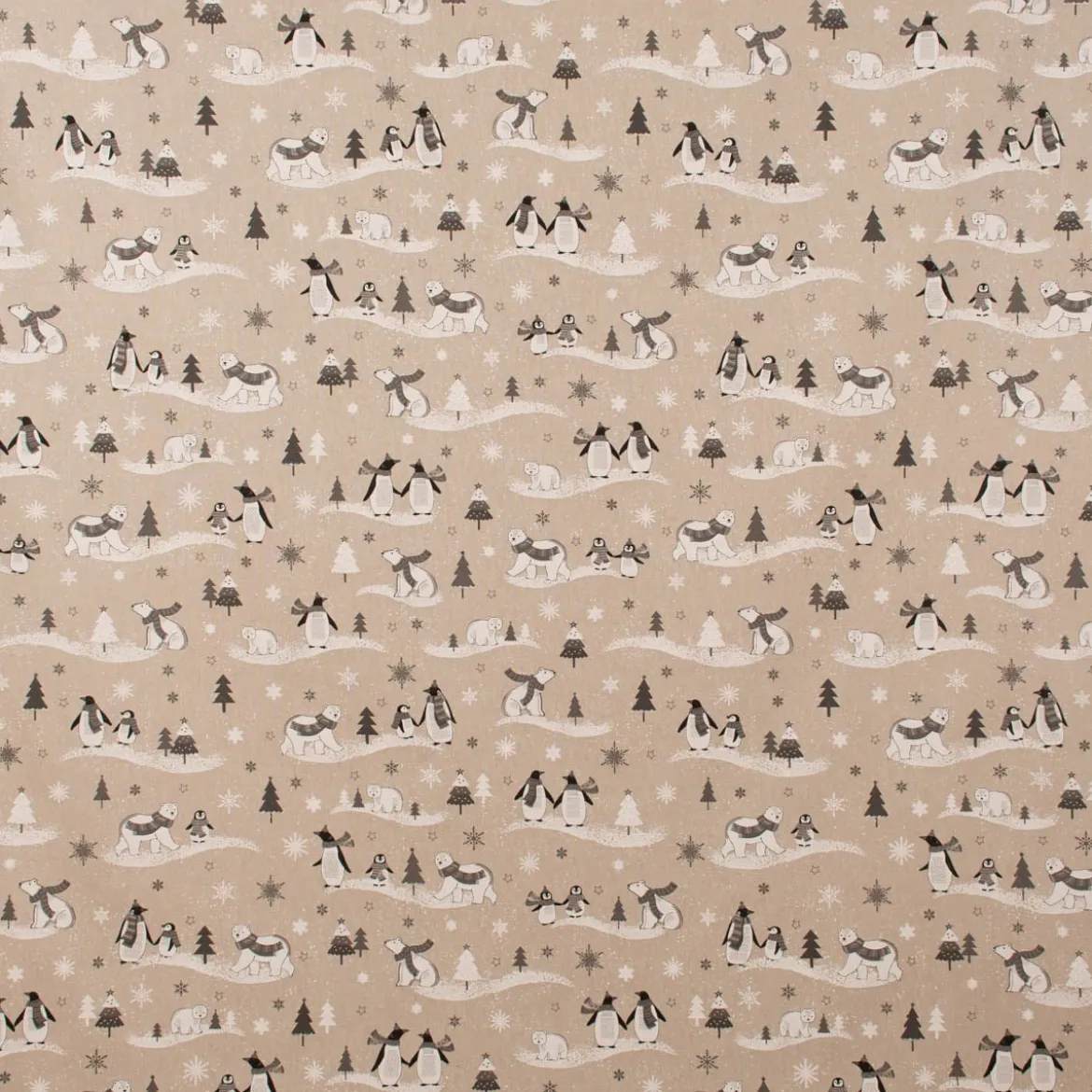 Dekostoff Halbpanama Leinenlook Frozen Polar World Pinguine Eisbären natur grau weiß 1,40m Breite