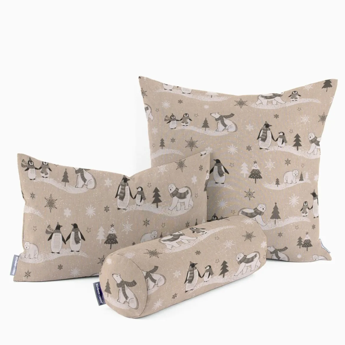 Dekostoff Halbpanama Leinenlook Frozen Polar World Pinguine Eisbären natur grau weiß 1,40m Breite