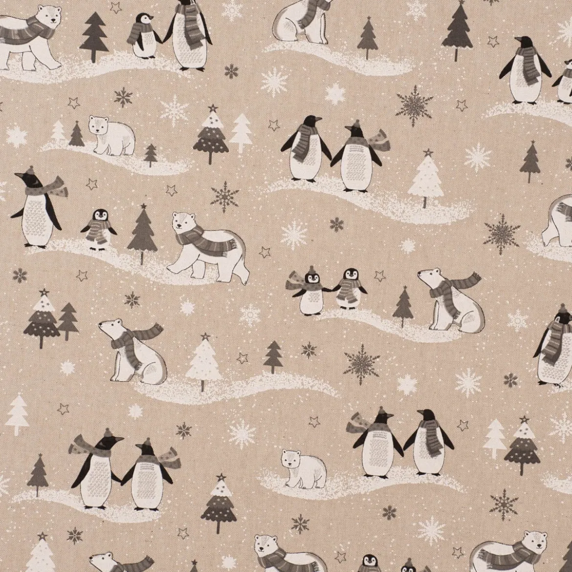Dekostoff Halbpanama Leinenlook Frozen Polar World Pinguine Eisbären natur grau weiß 1,40m Breite