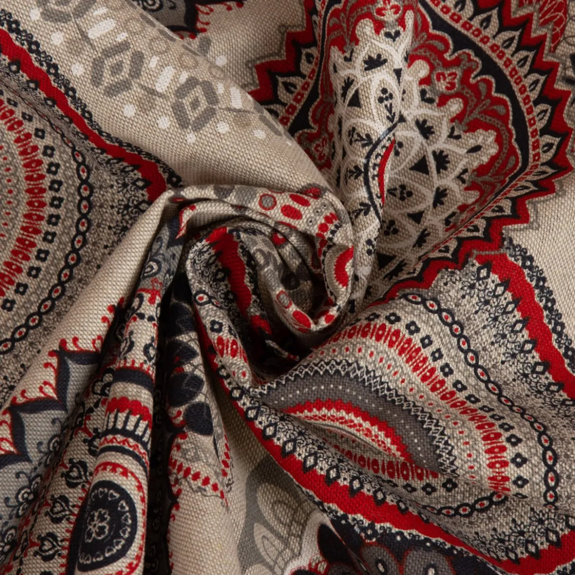 Dekostoff Halbpanama Leinenlook Mandalas natur rot 1,40m Breite