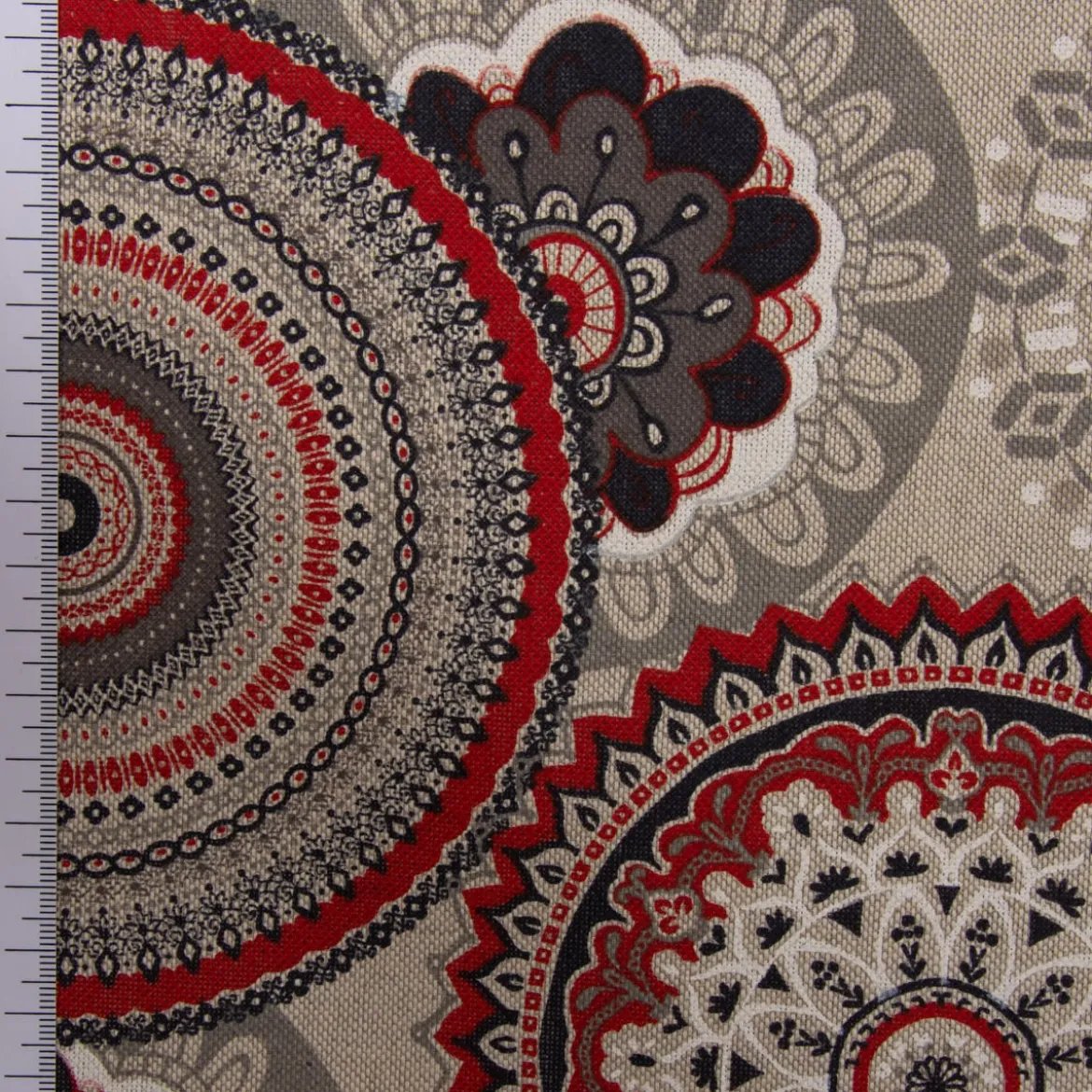 Dekostoff Halbpanama Leinenlook Mandalas natur rot 1,40m Breite
