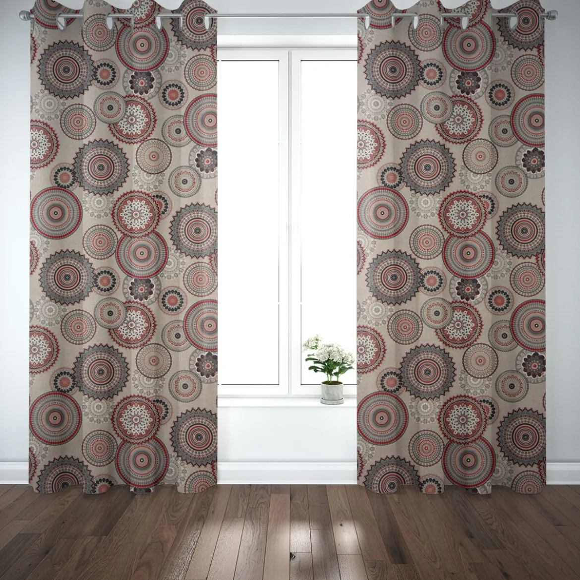Dekostoff Halbpanama Leinenlook Mandalas natur rot 1,40m Breite