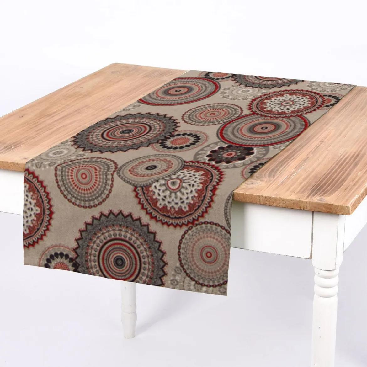 Dekostoff Halbpanama Leinenlook Mandalas natur rot 1,40m Breite