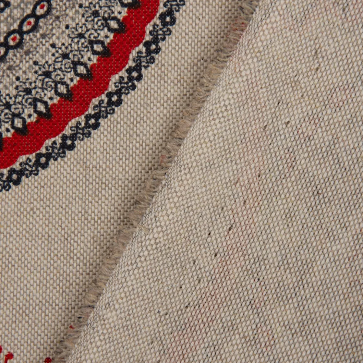 Dekostoff Halbpanama Leinenlook Mandalas natur rot 1,40m Breite