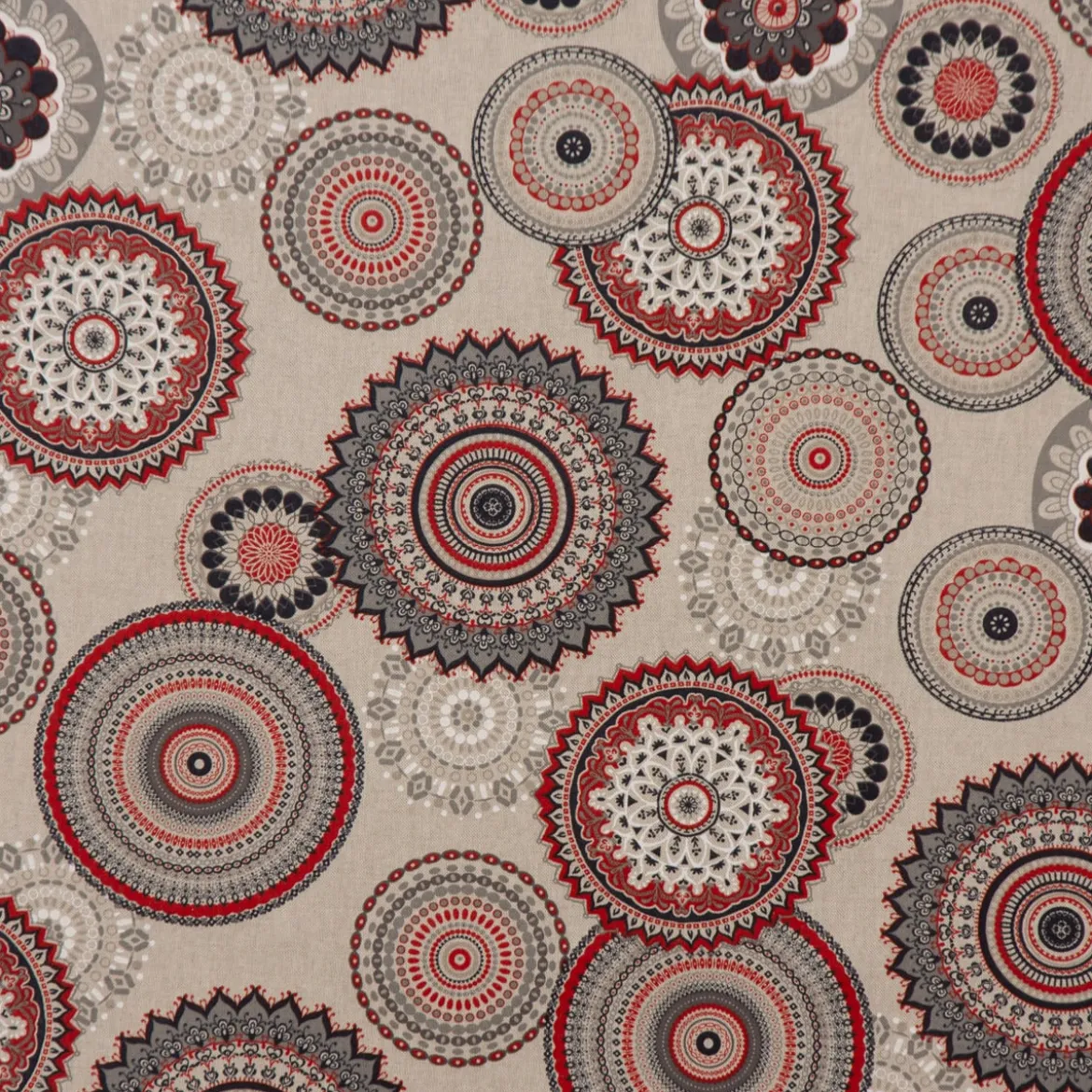 Dekostoff Halbpanama Leinenlook Mandalas natur rot 1,40m Breite