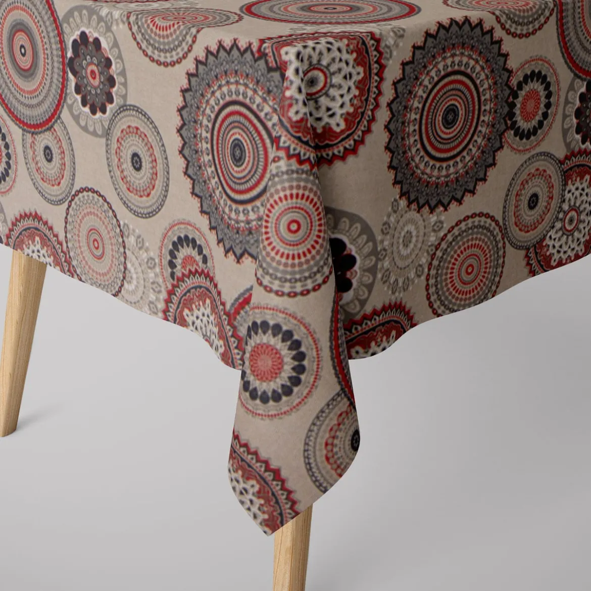 Dekostoff Halbpanama Leinenlook Mandalas natur rot 1,40m Breite